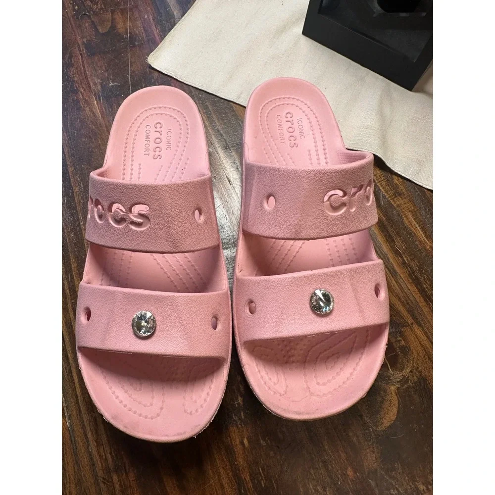 Crocs Classic Platform Sandal Pink Double Strap Rhinestone Slides Womens 8